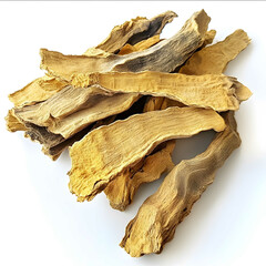 extract of dried roots huang qinbeside it has dried roots huang qin yellowish has been cut to single stack with each other looks real white background 4k