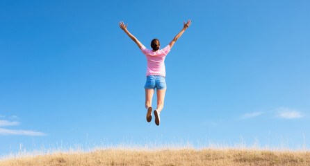Joyful person jumping on a hill against a clear blue sky