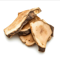 Chinese herbal medicine approximately three to four slices of Poria Fu Ling centered on a pure white background Realistic photographic style as close to real as possi