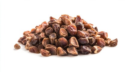 A pile of sweet, dried dates presented on a clean white background.

