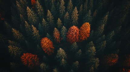 Autumnal Aerial Forest: A Symphony of Evergreens and Crimson