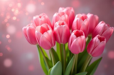 Fototapeta premium Spring bouquet of tulips on a pink festive, blurred background 