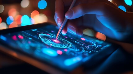 Naklejka premium Digital Innovation: A Hand Interacting with Futuristic Technology