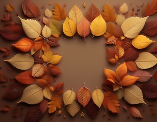 a group of tiny autumn leaves in shape of square. spacious empty copy space in the center.