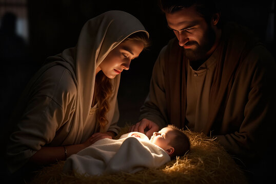 Serene nativity scene, with Mary and Joseph gazing tenderly at baby Jesus. Concept of Christmas