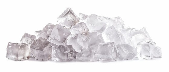 Obraz premium A pile of small ice cubes isolated on a white background, showcasing their transparent
