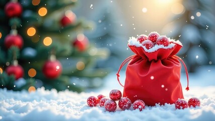 Red bag with gifts against the backdrop of a Christmas tree on a winter holiday background.