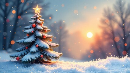 Festive New Year tree with a star. New Year's winter forest