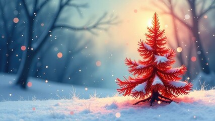 red Festive New Year tree with a star. New Year's winter forest
