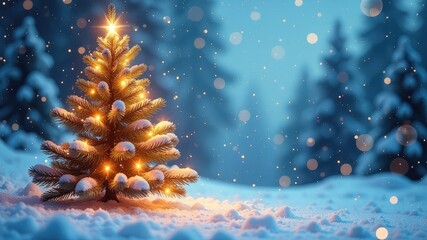 Festive New Year tree with a star. New Year's winter forest