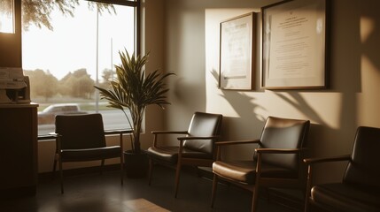 Modern dental waiting room with natural light and minimalist design