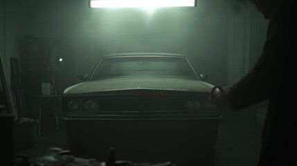 Mystical vintage car inspection under dramatic lighting for automotive workshop decor