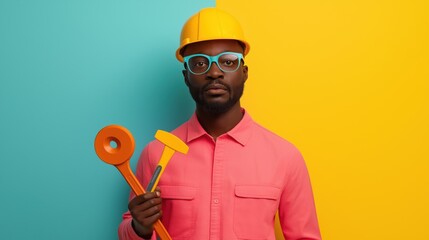 Playful handyman with oversized tools: vibrant design for posters