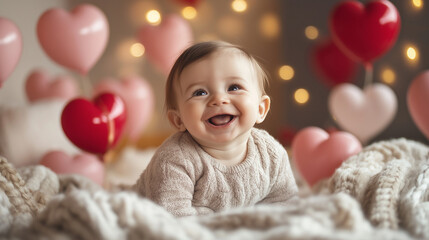 Fototapeta premium Charming Baby Playing Amid Valentine's Day Decor with Heart Pillows and Ribbons