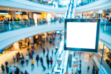 Digital billboard with blank screen in a busy shopping mall with blurred crowd