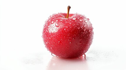 Red apple, water droplets, white background.