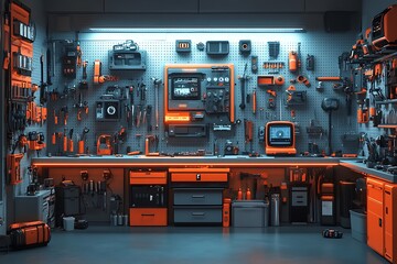 A futuristic and well-organized workshop with tools neatly arranged, illuminated by neon lights, ready for work.