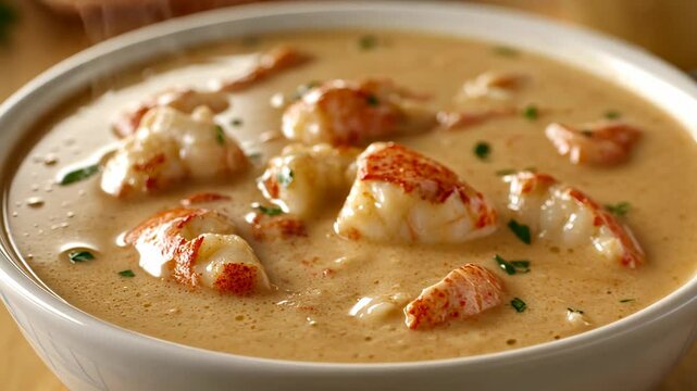 Creamy seafood bisque with shrimp and spices prepared for a cozy meal at home