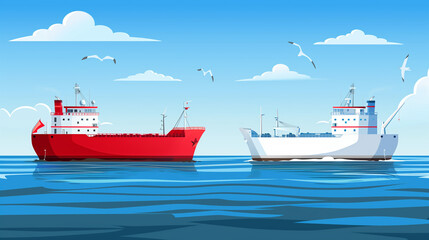 Fototapeta premium Two cartoon-style container ships from different countries, one red and one white, float side by side on the ocean. Represent global trade, imports, exports, and international commerce on the ocean.