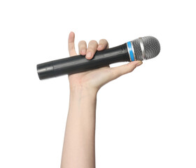 Woman with microphone on white background, closeup