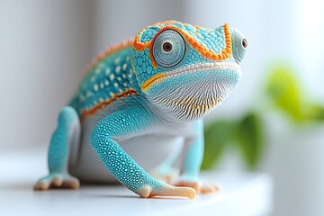 Fototapeta premium A vibrant blue chameleon with orange accents, a captivating close-up portrait showcasing intricate details.