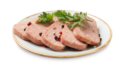 Fototapeta premium Tasty canned meat, parsley and peppercorns isolated on white