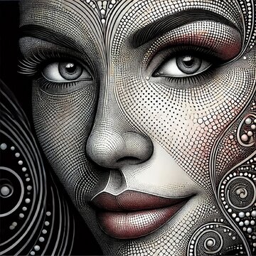 A butiful woman's face is made up of lines and dots. AI generated.
