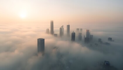 Fototapeta premium Foggy Morning Skyline with Skyscrapers