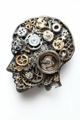 Metal gears form head silhouette; intricate clockwork design.