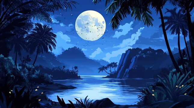 Tranquil lake with lush trees under a bright full moon in a peaceful nightscape  
Seamless looping 4k time-lapse virtual video animation Generated AI