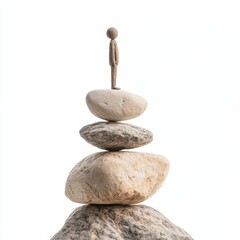 Balanced stones, miniature figure, peaceful scene.