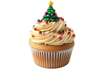 A 3D-rendered cupcake with Christmas-themed frosting and a small tree topper, featuring high details and an HDR result, with sharp clarity and no blur, on a white background, perfect for holiday.