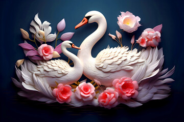 A 3D illustration of two white swans and peonies.
