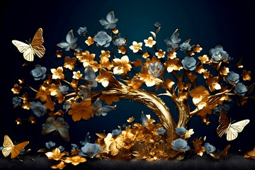 Illustration, 3D art render, dark background, golden butterflies, and an embossed golden tree with flowers.