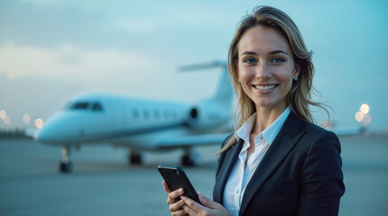 businesswoman looking at smartphone against background of private jet