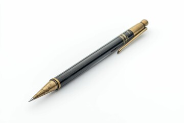 Naklejka premium Dark mechanical pencil, brass accents, white background.