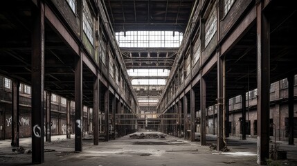 Obraz premium Abandoned industrial space with exposed beams and graffiti.