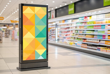 Colorful geometric advertising panel in store