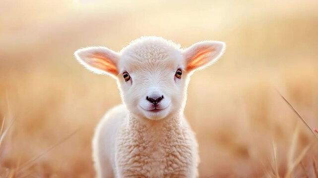 A young lamb with a joyful expression stands quietly in a sunlit field of golden grass as the sun sets.