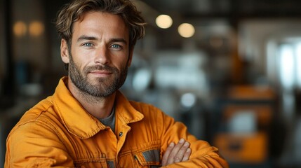 Fototapeta premium An electrician stands with folded hands against a white background.