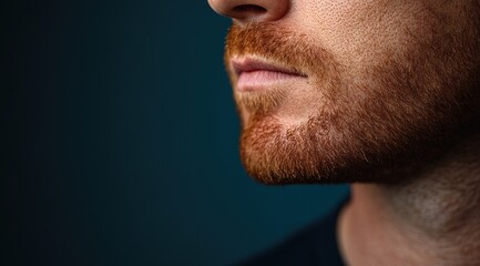Obraz premium Closeup of a man's chin and neck with clean skin on a dark blue background leaving space for text