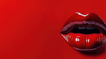 Naklejka premium Red Lips Against Red Background Sensual Beauty Shot