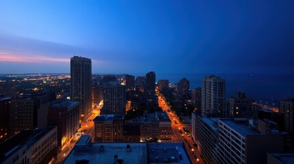 Fototapeta premium Cityscape at dawn, buildings, streets, lights, lake.