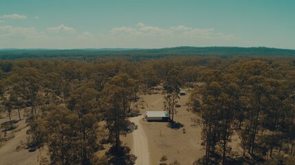 Aerial view of a rural landscape featuring a house surrounded by trees and a dirt road.