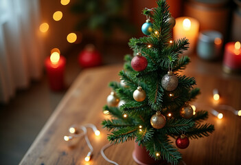 Miniature Christmas tree with colorful ornaments and fairy lights.