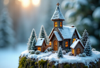 A charming winter village scene with a snow covered church and houses  illuminated from within.