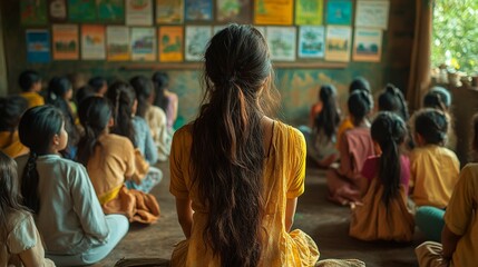 A classroom setting features an Indian teacher engaging students in discussions about environmental issues, utilizing posters and hands-on eco-friendly activities.