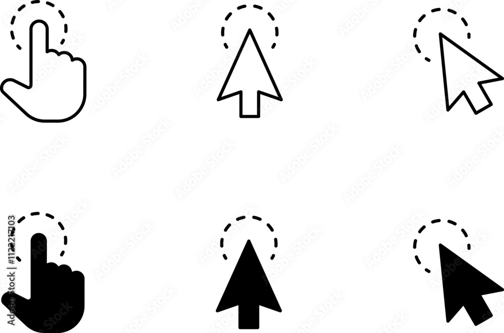 Fototapete Mouse click cursor and loading icon for web computer mobile app or ui design. Mouse pointer black and white vector illustration.