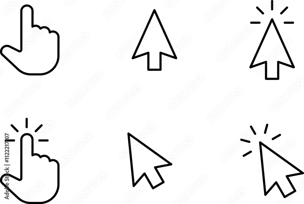 Fototapete Mouse click cursor and loading icon for web computer mobile app or ui design. Mouse pointer black and white vector illustration.
