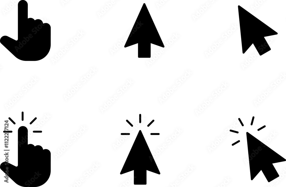 Fototapete Mouse click cursor and loading icon for web computer mobile app or ui design. Mouse pointer black and white vector illustration.